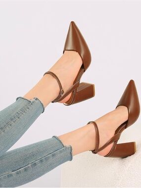 Cognac Brown Pointed Toe Block Heel Slingback Pumps | Size 8.5 (Fits Like 8) NWT
